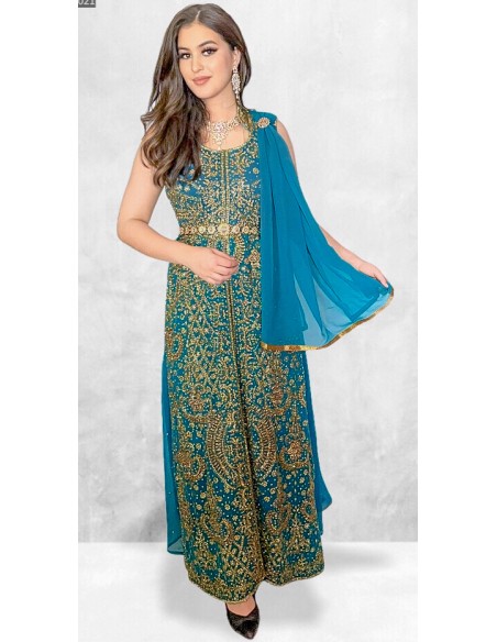 Robe de Soirée oriental Bleu Turquoise Vert et dore  - 4