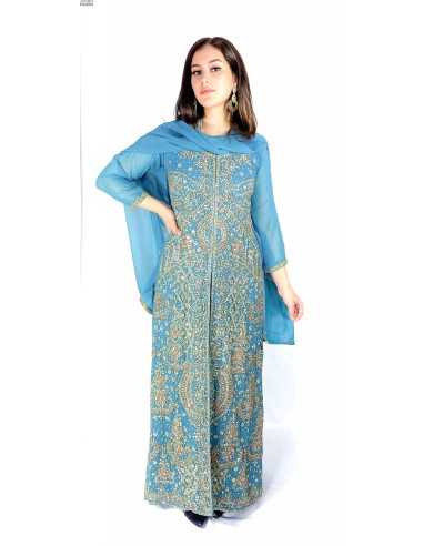 Robe de Soirée oriental Bleu Turquoise Vert et dore  - 1