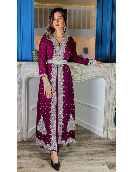 Robe indienne de Soirée Perlé strass argenté et prune  - 2