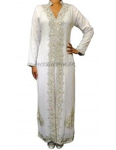 Robe indienne de Soirée Perlé strass argenté et blanc satiné  - 1 2