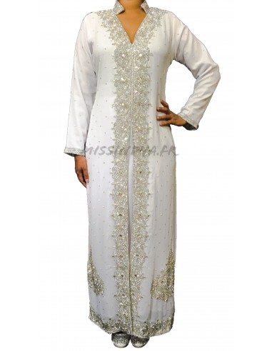 Robe indienne de Soirée Perlé strass argenté et blanc satiné  - 2