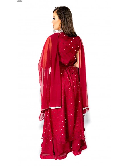 Lehenga choli Rania Rouge rubis et argente  - 4