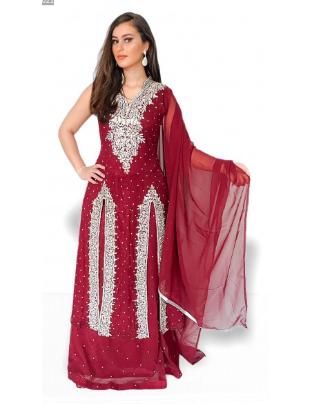 Lehenga choli Rania Rouge rubis et argente  - 1