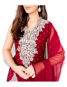 Lehenga choli Rania Rouge rubis et argente  - 1 2