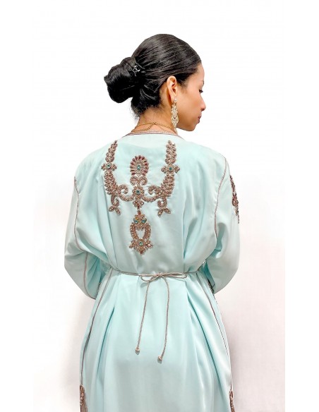 Caftan bleu ciel brodé argent et turquoise – Robe de cérémonie orientale  - 3