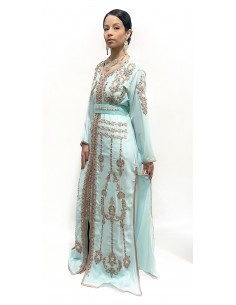 Caftan bleu ciel brodé argent et turquoise – Robe de cérémonie orientale  - 1