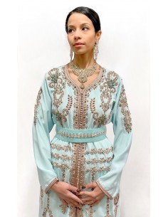 Caftan bleu ciel brodé argent et turquoise – Robe de cérémonie orientale - 1 2