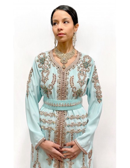 Caftan bleu ciel brodé argent et turquoise – Robe de cérémonie orientale  - 2