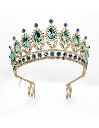 Couronne dorée avec cristaux verts et bleus – Accessoire royal pour mariages et événements  - 1