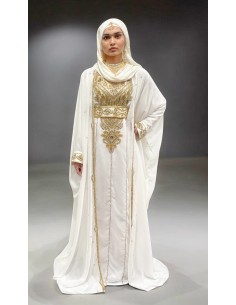 Caftan Mastour Blanc avec strass et Broderies Dorées - cape en mousseline style Farasha – Mariage et Occasions Spéciales  - 1