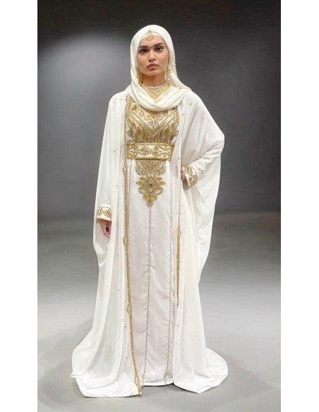 robe blanche avec cape en mousseline style Farasha – Robe Dubaï brodée or  - 1