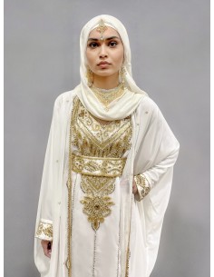 Caftan Mastour Blanc avec strass et Broderies Dorées - cape en mousseline style Farasha – Mariage et Occasions Spéciales  - 1 2