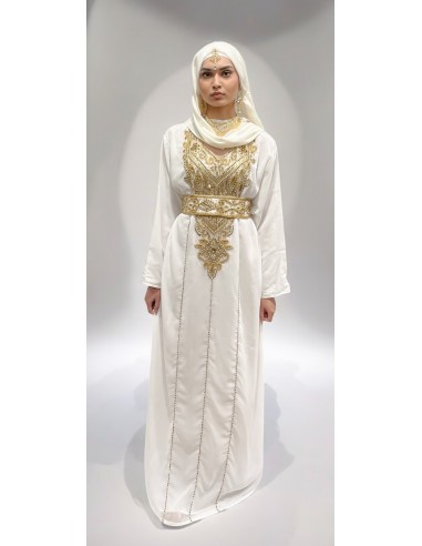 Caftan Mastour Blanc avec strass et Broderies Dorées - cape en mousseline style Farasha – Mariage et Occasions Spéciales  - 3