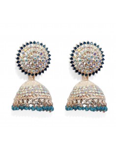 Boucles d'oreilles jumkha ethnique indienne strass bleu vert  - 1