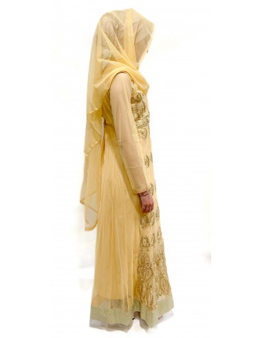 Robe de soirée indienne longue beige dorée avec voile assortie  - 3