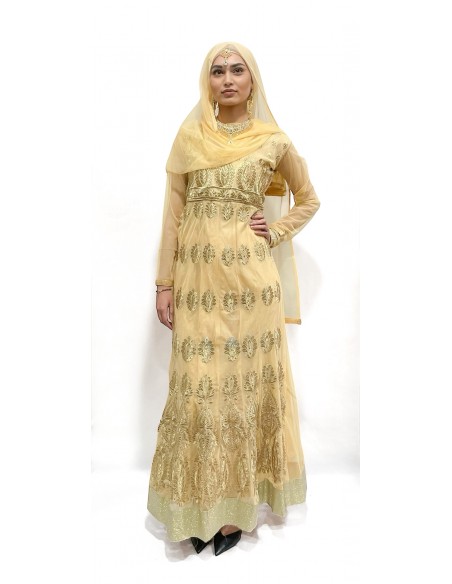 Robe de soirée indienne longue beige dorée avec voile assortie  - 1