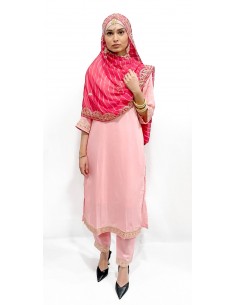 Salwar Kameez rose pastel avec dupatta brodée fuchsia  - 1