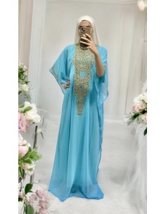 Robe Dubai farasha Abaya Kaftan Bleu Ciel avec Broderies Dorées  - 1