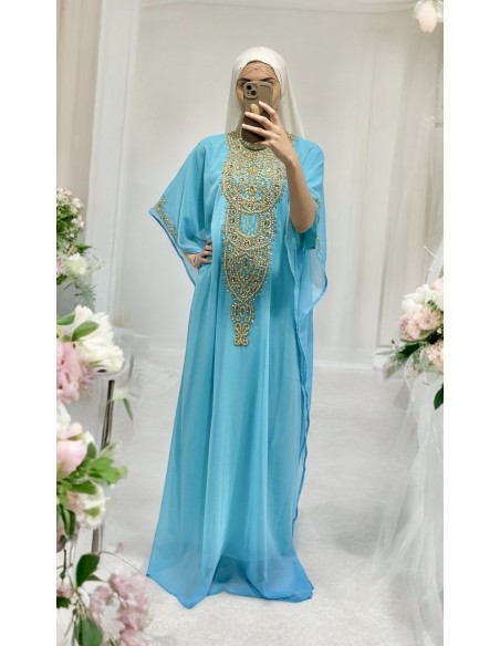 Robe Dubai farasha Abaya Kaftan Bleu Ciel avec Broderies Dorées  - 1