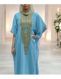 Robe Dubai farasha Abaya Kaftan Bleu Ciel avec Broderies Dorées  - 1 2