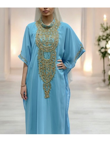 Robe Dubai farasha Abaya Kaftan Bleu Ciel avec Broderies Dorées  - 2