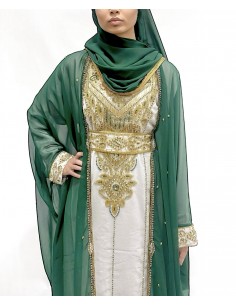 Caftan Vert Émeraude avec strass et Broderies Dorées - Élégance Orientale Mastour  - 2 2