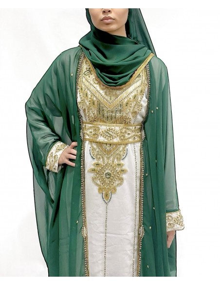 Caftan Vert Émeraude avec strass et Broderies Dorées - Élégance Orientale Mastour  - 1