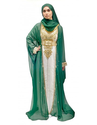 Caftan Vert Émeraude avec strass et Broderies Dorées - Élégance Orientale Mastour  - 2