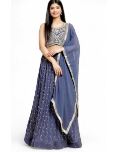 Lehenga Bleu gris avec Broderies Élégantes - Tenue Indienne pour Mariage et Cérémonie  - 1