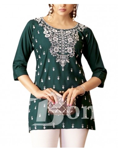 Kurti vert avec Broderie Florale Élégante  - 1