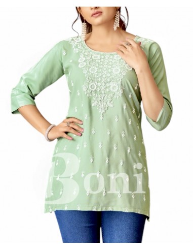 Kurti vert  anis avec Broderie Florale Élégante  - 1