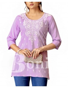 Kurti lilas avec Broderie Florale Élégante  - 1