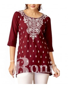 Kurti bordeaux avec Broderie Florale Élégante  - 1