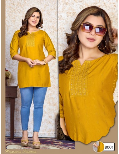 Kurti jaune avec Broderie Florale Élégante  - 1