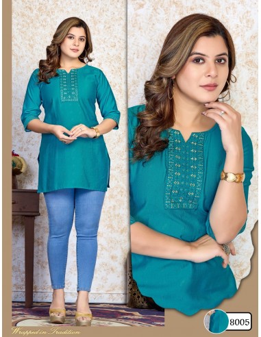 Kurti vert turquoise avec Broderie Florale Élégante  - 1