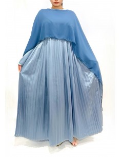 Robe Soirée Satin cape bleu ciel – Élégance Fluide et Plissée  - 1 2