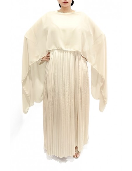 Robe Soirée Satin cape beige doré – Élégance Fluide et Plissée  - 1