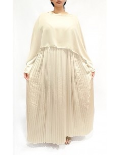 Robe Soirée Satin cape beige doré – Élégance Fluide et Plissée  - 1 2