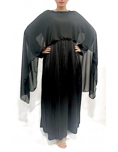 Robe Soirée Satin cape noir – Élégance Fluide et Plissée  - 1