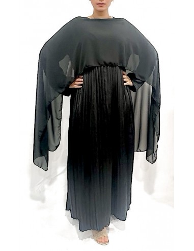 Robe Soirée Satin cape noir – Élégance Fluide et Plissée  - 1