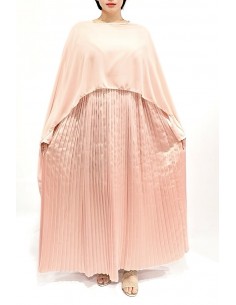 Robe Soirée Satin cape Rose Poudré – Élégance Fluide et Plissée  - 2 2