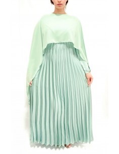 Robe Soirée Satin cape vert d'eau – Élégance Fluide et Plissée  - 1 2