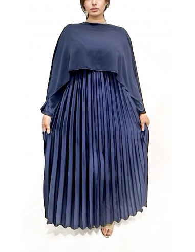 Robe Soirée Satin cape bleu marine – Élégance Fluide et Plissée  - 1