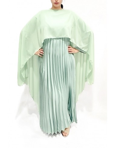 Robe Soirée Satin cape vert d'eau – Élégance Fluide et Plissée  - 1