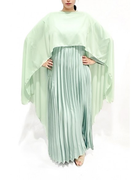 Robe Soirée Satin cape vert d'eau – Élégance Fluide et Plissée  - 1