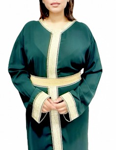 robe Caftan Vert Émeraude avec liseré brodé Dorées  - 1 2