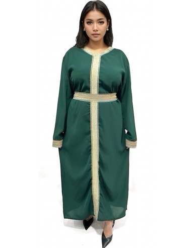 robe Caftan Vert Émeraude avec liseré brodé Dorées  - 1