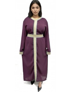 robe Caftan violet avec liseré brodé Dorées  - 1