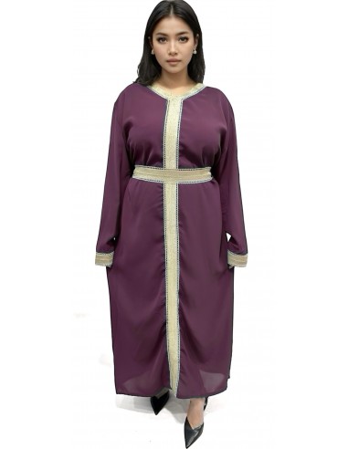 robe Caftan violet avec liseré brodé Dorées  - 1