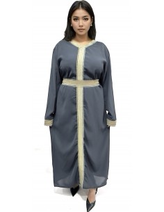 robe Caftan gris clair avec liseré brodé Dorées  - 1